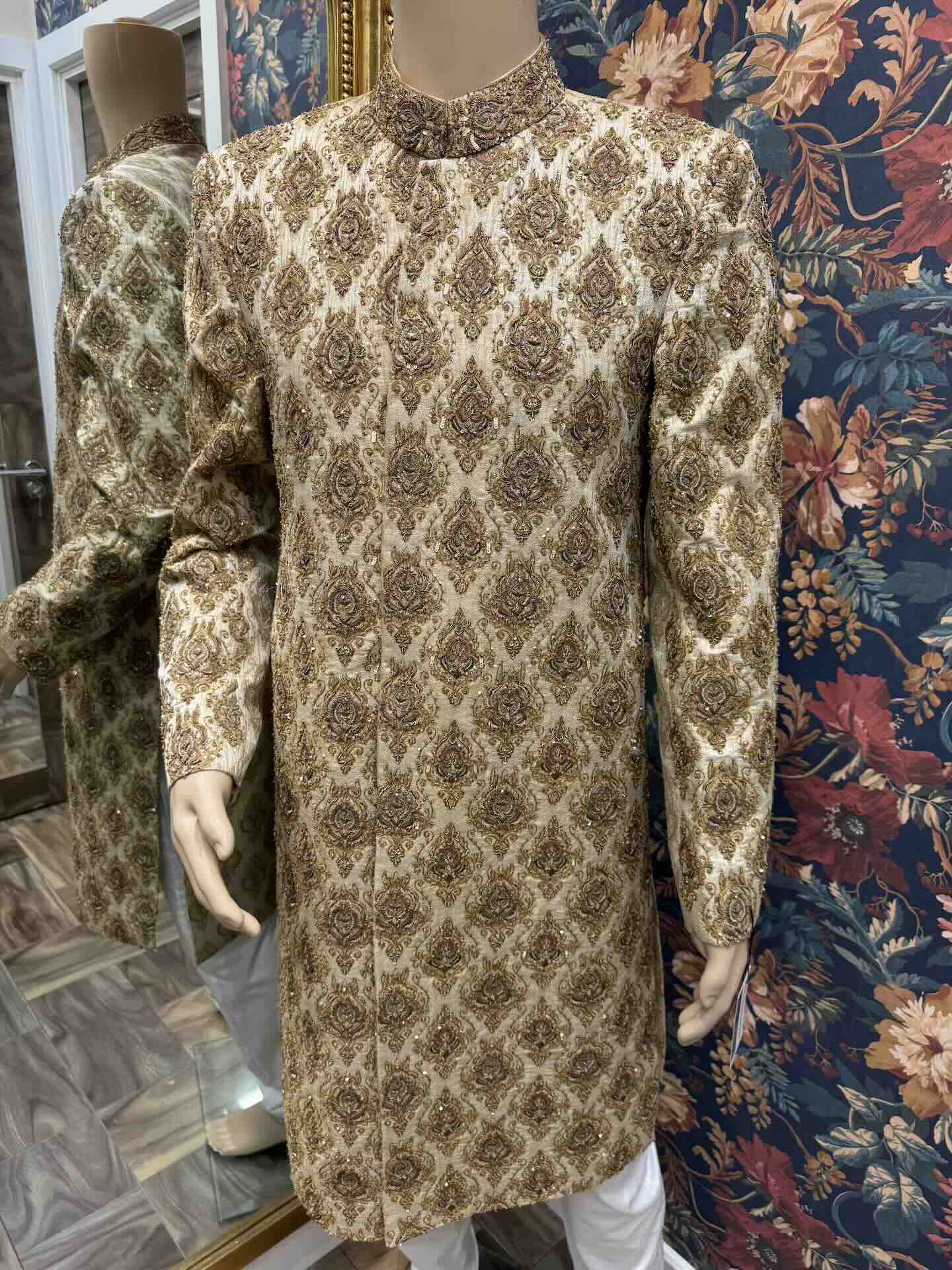 Luxury Metallic Gold Heavily Embroided Shirwani 